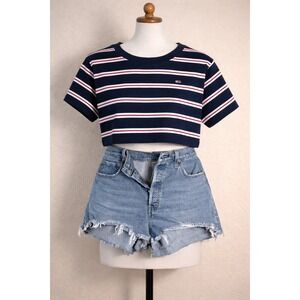 Tommy Jeans Women's Cropped Fit Striped T Shirt Size L G Navy Red White